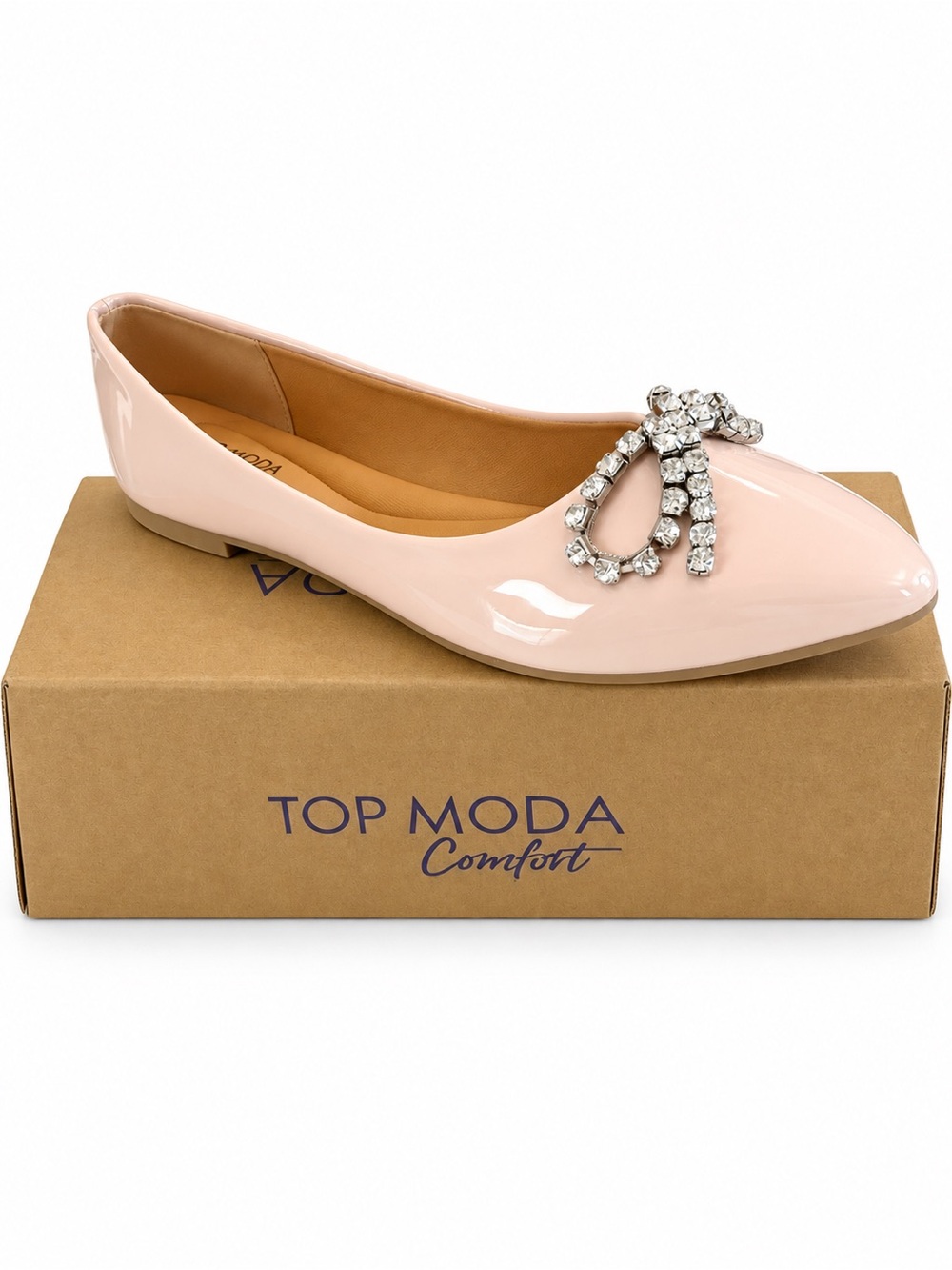 🌸TOP Moda Blush Pink Patent Bow Flat with Crystal Accent🌸New